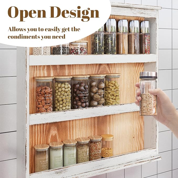 Nisorpa 3 Tier Spice Rack Wall Mount, Rustic Burnt Wood Wall Hanging Spice Rack Kitchen Spice Storage Shelf for Seasoning Jars or Condiment Bottles, 19.68 x 3.35 x 21.25 Inches