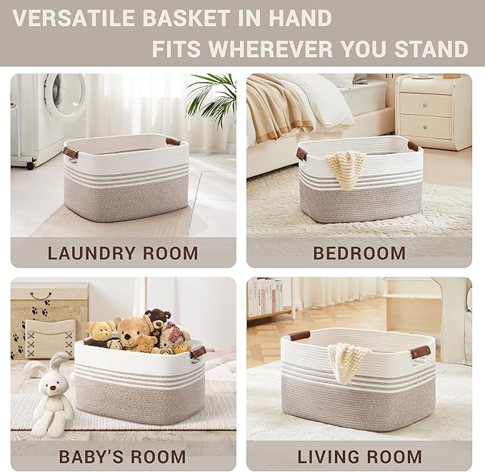 72L Large Woven Laundry Basket Hamper with Leather Handles,Brown | 22"x17"x12", collapsible wicker hamper, storage for dirty clothes, toys, blankets, gifts, living room, bedroom, bathroom