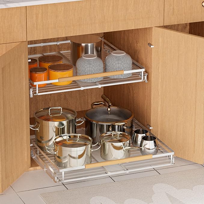 SANNO Pull Out Cabinet Organizer, Pantry Drawer Slide Out Basket Expandable Sliding Shelf Under Sink Shelf, Steel Metal cabinet drawers slide out, Chrome Finish, 23.1 to 39.9" W