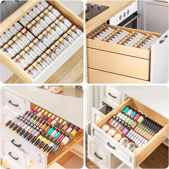 PanPanPal Spice Drawer Organizer, 2 Tier- 2 Pack Amber Acrylic Drawer Seasoning Organizer, Expandable From 11'' to 22'' Kitchen Spice Rack Organizers and Storage for Drawer (Jars not included)