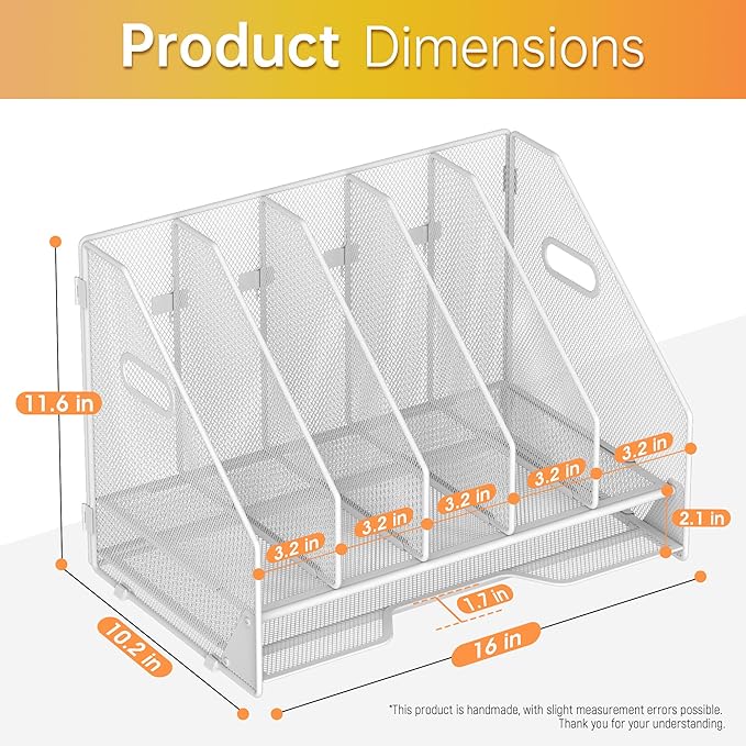 Docnest Desk File Holder Sorter, 5 Vertical Compartments Rack with Letter Tray, Mesh Magazine File Holder with Handle,Workspace Organizers,Desk Organizers for Paper, Mail, Documents-White