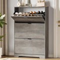 Xixini Shoe Storage Cabinet for Entryway with 3 Flip Drawers, Hidden Slim Wood Shoe Organizer with Modern Fluted Panel, Freestanding Narrow Shoe Rack for Front Door Entrance, Hallway, Foyer, Grey
