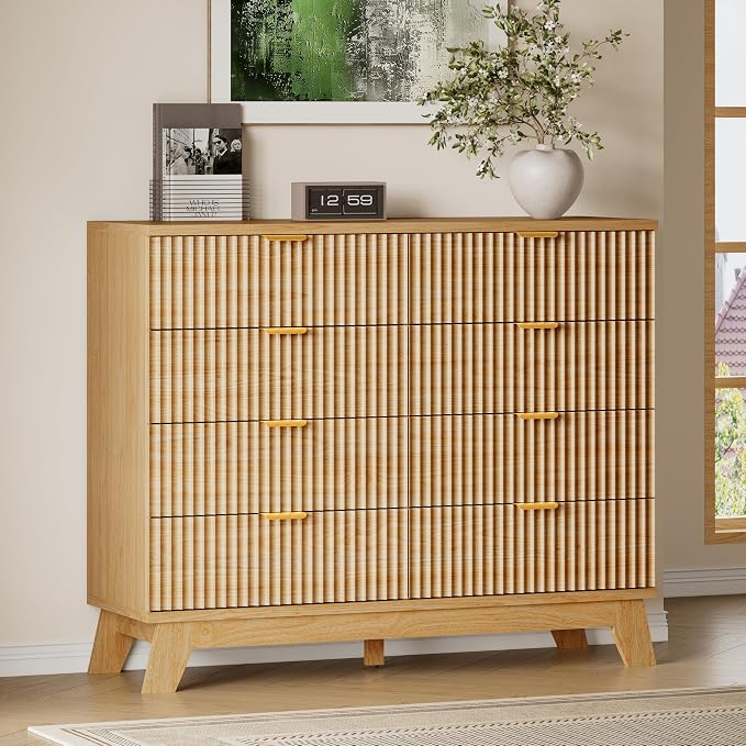 BORNOON Fluted 8 Drawer Tall Dresser, 47.2" Wide Modern Boho Chest of Drawers, Wooden Storage Dresser TV Stand for Bedroom, Living Room, Closet, Hallway, Curved Profile Design