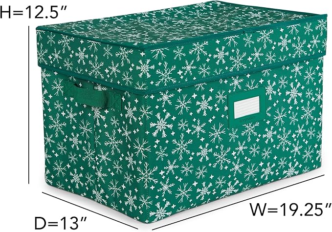 Covermates Keepsakes Adjustable Ornament Storage Box – Heavy-Duty Polyester, Padded Dividers & FlexGrid Trays – Protective Holiday Organizer with Stackable Walls & Label Window, Green Snowflake