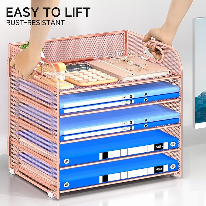 Paper Organizer Letter Tray with Handle Mesh 5 Trays Desk File Organizer Paper Sorter Desk Organizer for Office, Home or School-Rose Gold
