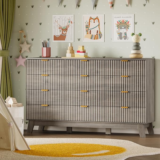 BORNOON 57" Wide Dresser for Bedroom, 12-Drawer Fluted Dresser with Metal Handles, Wood Chest of Drawers with Smooth Slides and Stable Base, Modern Storage Cabinet for Living Room, Nursery