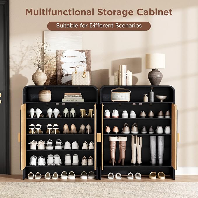Maupvit Modern Shoe Cabinet for Entryway, Shoe Storage Cabinet with Fluted Doors, Wood Shoe Organizer with Open Shelves & Golden Handles, Freestanding Shoe Rack for Hallway, Living Room, Black