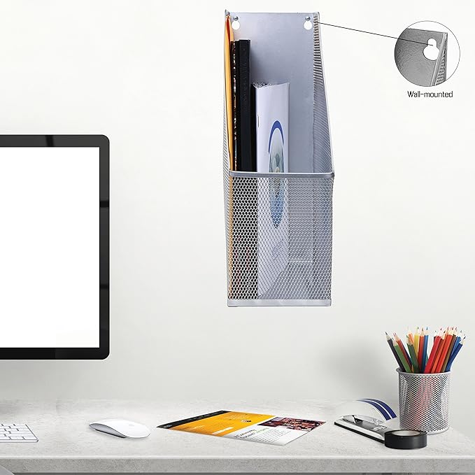 YBM HOME Steel Mesh Wall Magazine File Holder for Home & Office Organization, Serves as a Magazine Rack, Desk Organizer, Letter and Mail Bin, Holds Up to 20 Magazines - 4-Pack Silver, 1111-4