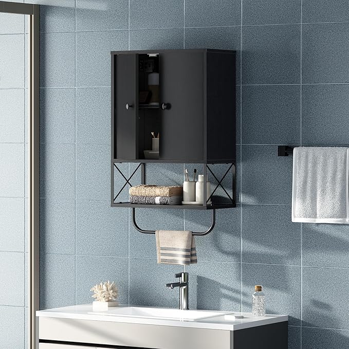 MAHANCRIS Bathroom Wall Cabinet with 2 Door and Adjustable Shelf, Farmhouse Medicine Cabinet with Towel Rack, 3-Tier Wall Mounted Storage Cabinet Over The Toilet for Bathroom Laundry Room, Black