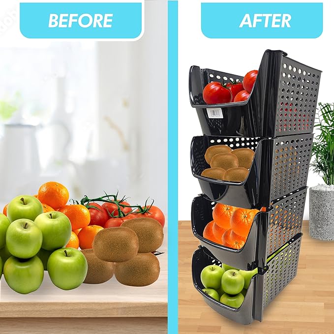 Skywin TidyFriend Plastic Stackable Storage Bins for Pantry -4 Pack Stackable Bins For Organizing Food, Kitchen, and Bathroom Essentials (Black)