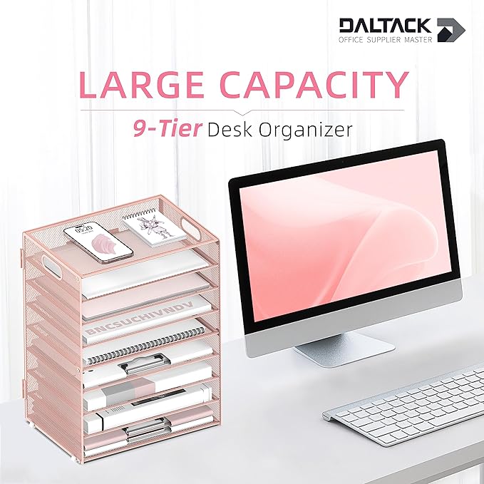 DALTACK 9-Tier Paper Organizer for Desk, Mesh Letter Tray Desk Organizer with Handles, Space-Saving File Organizer for Office Home School, Pink 2 Pack