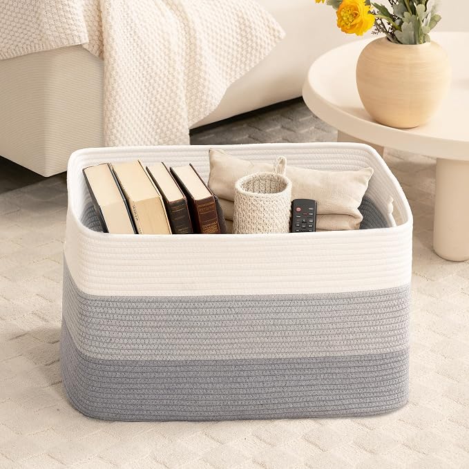 45L Small Woven Laundry Basket Hamper with Handles, Gradient Grey | 18"x14"x11", collapsible wicker hamper, storage for dirty clothes, toys, blankets, gifts, living room, bedroom, bathroom