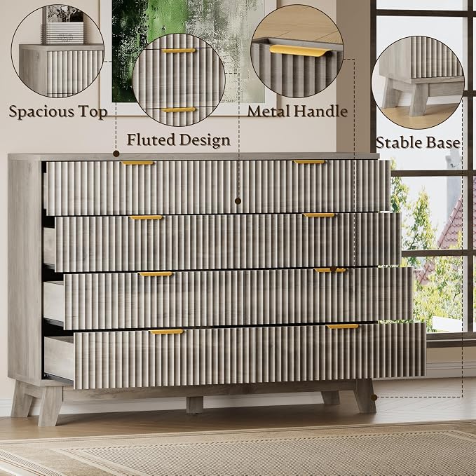 BORNOON Fluted 8 Drawer Tall Dresser, 47.2" Wide Modern Boho Chest of Drawers, Wooden Storage Dresser TV Stand for Bedroom, Living Room, Closet, Hallway, Curved Profile Design
