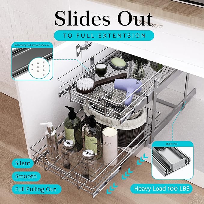 2 Tier Pull Out Cabinet Organizer 14" W X 22" D, Slide Out Drawers For Kitchen Cabinets, Pull Out Drawers For Cabinets Capacity Heavy Duty Caddy, Cabinet Pullout Shelves Chrome-Plated,Bathroom Pantry