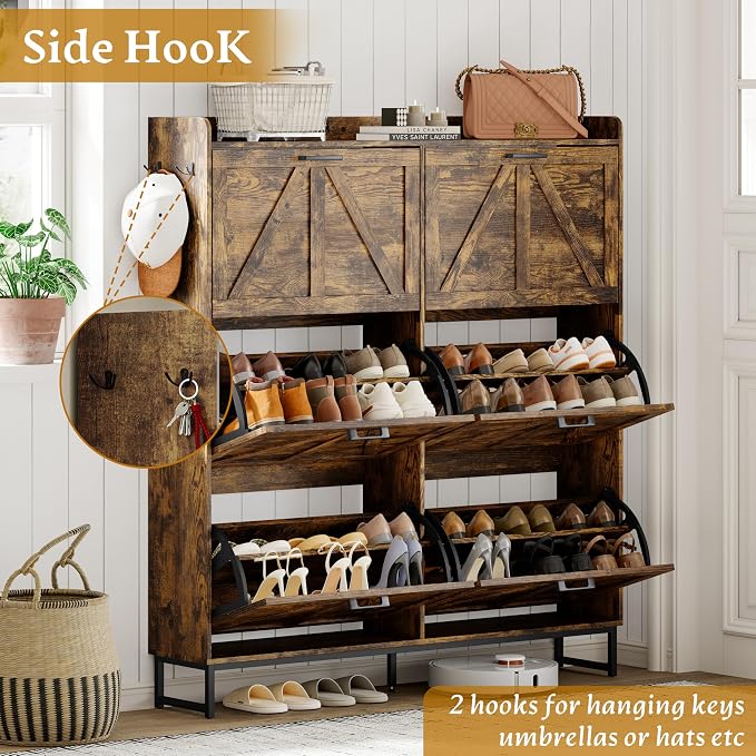 Wodeer Shoe Cabinet Storage for Entryway, Shoe Storage Cabinet with 6 Flip Drawers, Freestanding Narrow Shoe Rack Organizer with Metal Legs, Adjustable Shelves & Open Storage for Foyer, Hallway, Brown