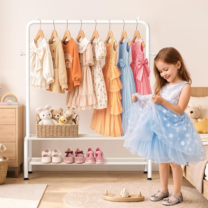 Kids Clothing Rack - Dress Up Clothes Rack - Baby Toddler Closet - Mini Freestanding Coat Racks with 2 Fabric Shelves - Small Kids Costume Wardrobe - Garment Rack for Hanging Clothes Organizer