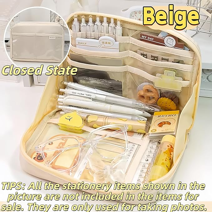 Kawaii Cute Aesthetic Pencil Case - Large Capacity Canvas Pen Pouch Bag (Beige)