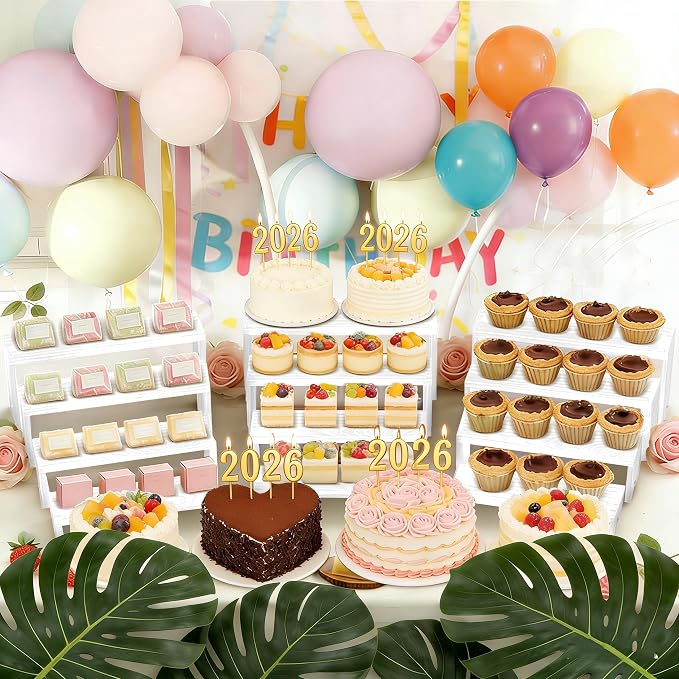 Large 2 Set wood tone Wooden Tiered Display Stands 4 Tier Stackable Pine Wood Display Risers, Suitable for Vendor Events, Cupcake Stands, cake stand Wooden Dessert Table Sets, Vendor Booth Displays,Cosmetic & Perfume Display Tools, Kitchen Spice Storag...