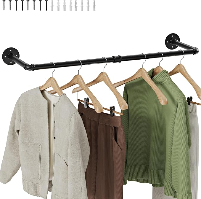 Wall Mounted Clothes Rack, Industrial Pipe Clothing Rack 38 Inch Black, Wall Clothes Hanger for Bedroom, Cloakroom, Closet, Hallway, Boutique Display, Drying Racks Wall-Mount for Laundry