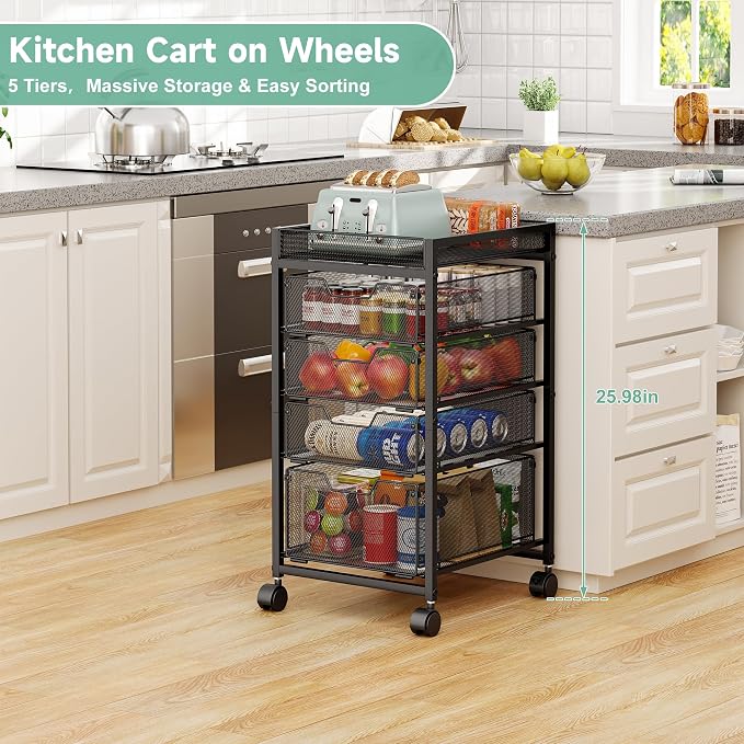 5-Tier Rolling Cart with Drawers & Top Basket, Snack Cart with Wheels | Metal Kitchen Utility Storage Cart - Fruit Vegetable Storage Stand, Kitchen Organization Rack for Cans, Craft, Art, Beauty