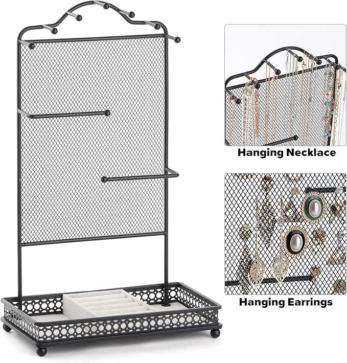 Meangood Black Jewelry Organizer Stand, Earring Holder Rack for Hanging Earrings Necklace Bracelets Watches Jewelry Display Large Rings Storage as Women Gift