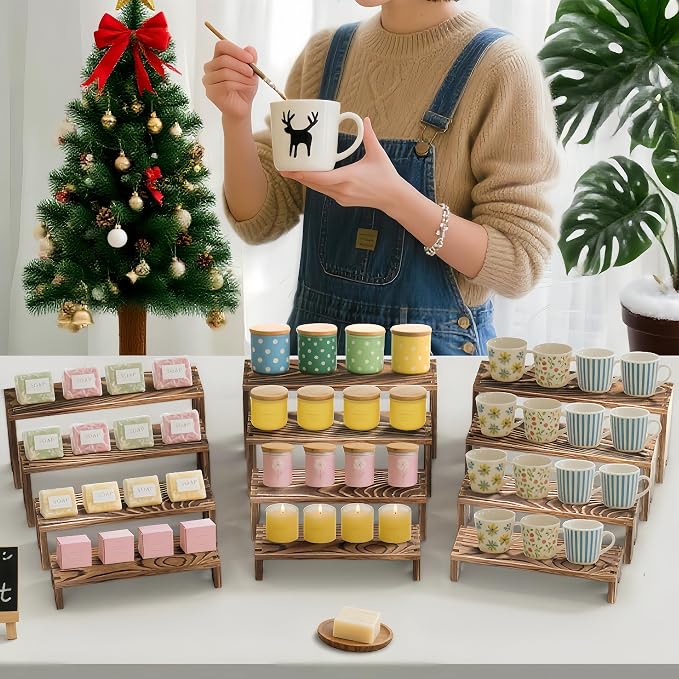 Large 4 Set wood tone Wooden Tiered Display Stands 4 Tier Stackable Pine Wood Display Risers, Suitable for Vendor Events, Cupcake Stands, cake stand Wooden Dessert Table Sets, Vendor Booth Displays,Cosmetic & Perfume Display Tools, Kitchen Spice Storag...