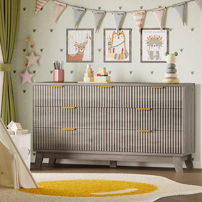 BORNOON Fluted 7 Drawer Dresser, 47.2" Wide Modern Boho Chest of Drawers, Wooden Storage Dresser TV Stand for Bedroom, Living Room, Closet, Hallway, Curved Profile Design