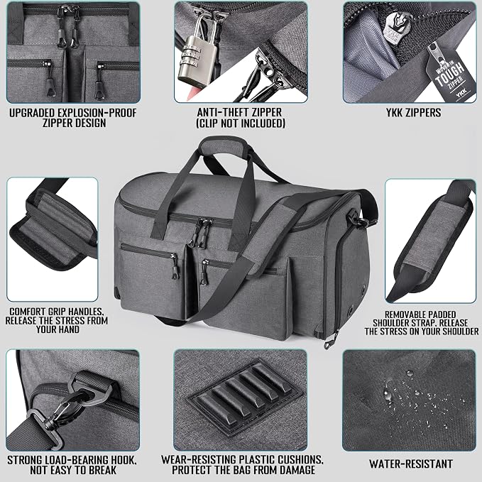 HILOMON Convertible Duffle Bags for Travel Carry On Suit Duffle Bags with Shoulder Strap 2 in 1 Hanging Garment Duffle Bag for Men Women (Gray Mesh Storage)