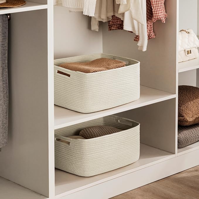 2 Pack Storage Baskets for Organizing, Large Woven Storage Basket, Beige | 17"L x 13"W x 7.5"H, Cotton Rope Basket, Toy Storage, Cube Shelf, Closet Shelf Organizer, Clothes Storage, Home Decor
