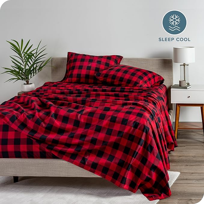 Bare Home Twin XL Sheet Set - 1800 Ultra-Soft Microfiber - Deep Pockets - Easy Fit - Extra Soft - 3 Piece Set - Bed Sheets (Twin XL, Buffalo Plaid - Red/Black)