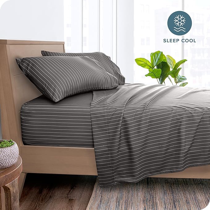 Bare Home California King Sheet Set - Luxury 1800 Ultra- Soft Double Brushed Microfiber - Deep Pockets - Easy Fit - 4 Piece Bedding Sheet Set (California King, Pinstripe - Grey/White)