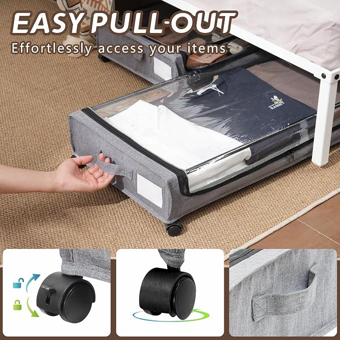 FOUCSSOMEI UnderBed Storage Containers, UnderBed Shoe Storage with Wheels, Under Bed Drawers for Clothes Book Blankets, Dorm Bedroom Organizer