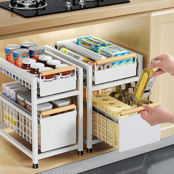 Pull Out Cabinet Organizer, Pull Out Basket Drawers for Cabinets, Slide Out Basket Drawers for Kitchen Cabinets, Under Sink Organizer for Kitchen, Bathroom (White Large Double-tier)