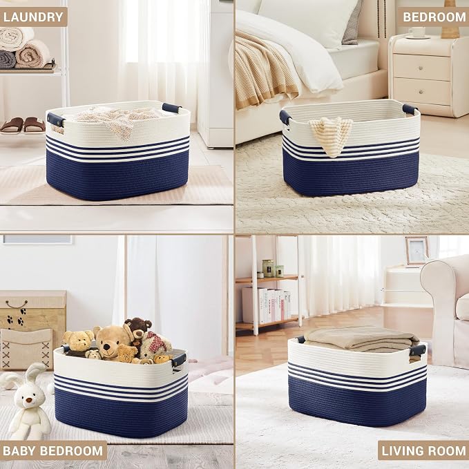 72L Large Woven Laundry Basket Hamper with Leather Handles,Navy | 22"x17"x12", collapsible wicker hamper, storage for dirty clothes, toys, blankets, gifts, living room, bedroom, bathroom