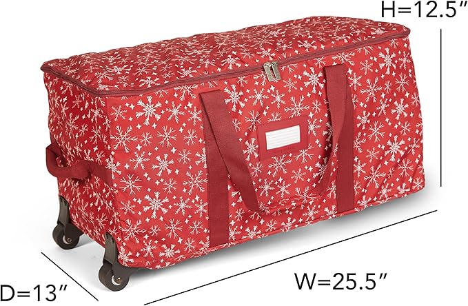 Covermates Keepsakes Rolling Adjustable Ornament Storage Bag – Heavy-Duty Polyester, FlexGrid Trays & Padded Dividers – Protective Holiday Organizer with Wheels, Handles & ID Window, Red Snowflake