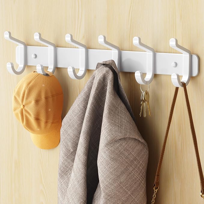 pickpiff Coat Rack Wall Mounted Heavy-Duty: Metal Coat Hanger 6 Hooks for Hanging Hat, Clothes, Robe, Keys, Backpack, Bathroom Towels, Jacket, Purse - Closet, Door, Entryway, Mudroom (White, 2 Pack)