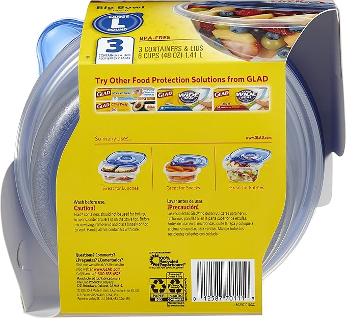 Glad GladWare Big Bowl Food Storage Containers with Lids, Large Round No BPA Plastic Containers for Soups, Salads, and Meal Prep, Lock Tight Seal, Microwave Dishwasher Safe, 48 Oz, 3 Count