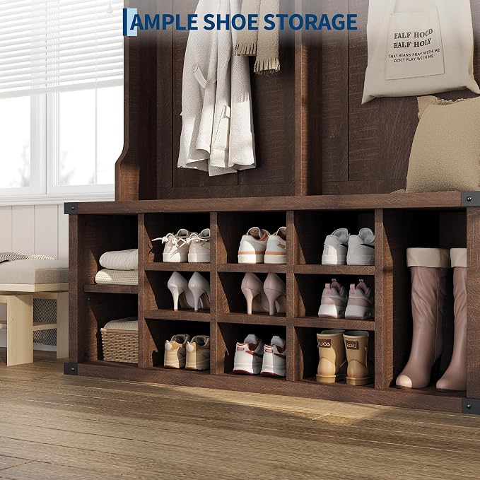 Garvee Farmhouse Entryway Hall Tree with Bench, Shoe Storage & Coat Rack | Large 5-in-1 Mudroom Storage w/ 6 Tri-Hooks & Seating, 13 Cubbies & Adjustable Shelf, Metal Corner Protctor, Rustic Brown