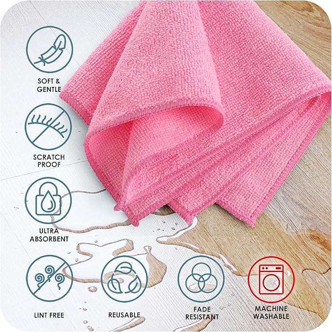 Hearth & Harbor Microfiber Cleaning Cloths, 12 Pack Pink Reusable Towels, Lint Free