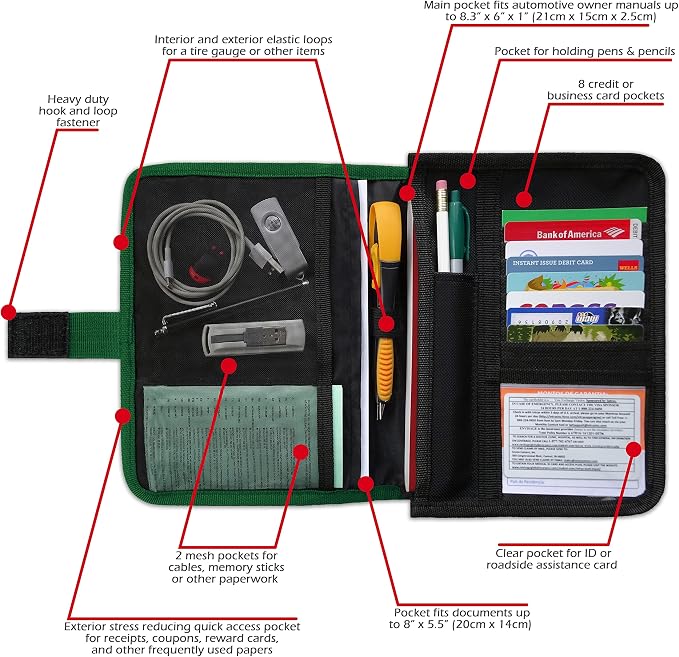 PlusXpres Glove Box Compartment Organizer - Car Document Holder - Green | Owner Manual Case Pouch, Vehicle Storage Wallet for Registration and Insurance Card, Auto Paperwork Holder, Log Book included