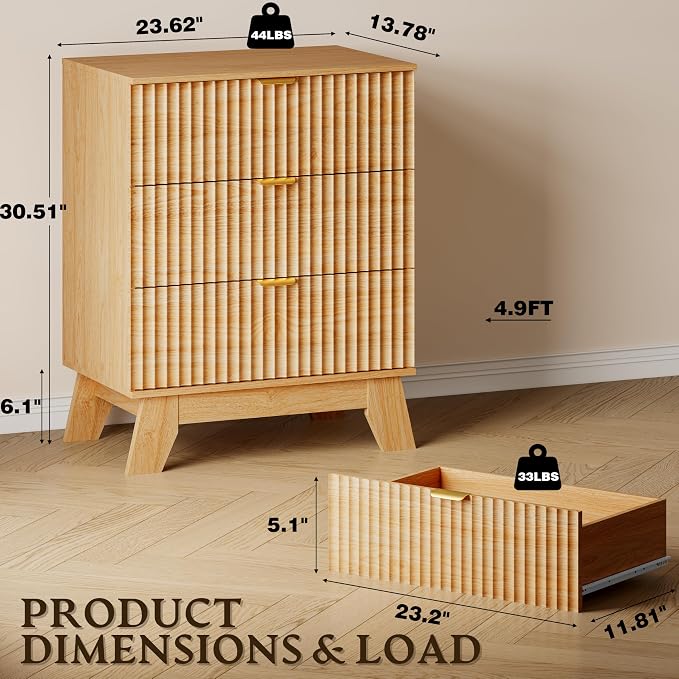 BORNOON Fluted 3 Drawer Dresser, 30.3" Tall Compact Modern Boho Chest of Drawers, Wooden Storage Cabinet for Bedroom, Living Room, Entryway, Curved Profile Design