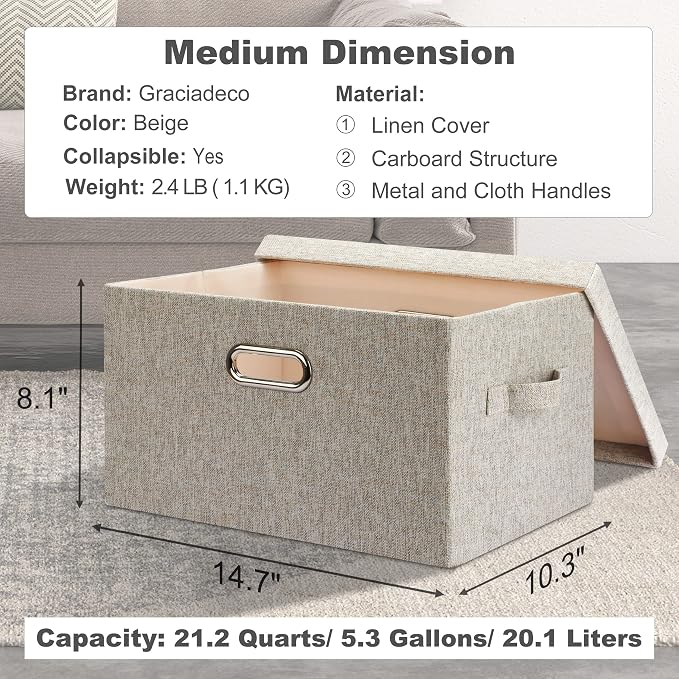 Graciadeco Medium 15" 21 Quart Collapsible Stackable Storage Bins with Lids, 1 Pack Beige Foldable Fabric Closet Storage Boxes with Lids, Heavy-duty Linen Baskets for Bedroom