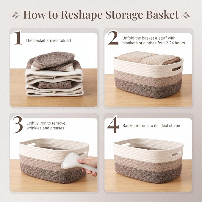 5-Pack Large Woven Rope Storage Baskets, 2 Sizes Organizer Bins | Fabric Cube Boxes and Rectangular Shallow Bins for Closet, Shelf, Bookshelf, Nursery, Changing Table, Bathroom, Toys & Home