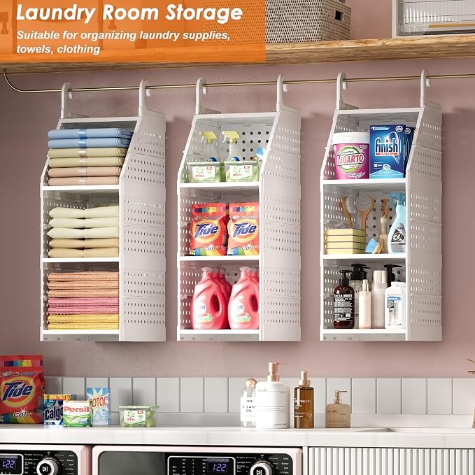 Honkazita 3-Tier Foldable Hanging Closet Organizer, Free-Standing | Closet Hanging Organizer for Wardrobe, Laundry Room, Plastic Hanging Closet Shelves for Clothes, Handbags, Accessories (White)