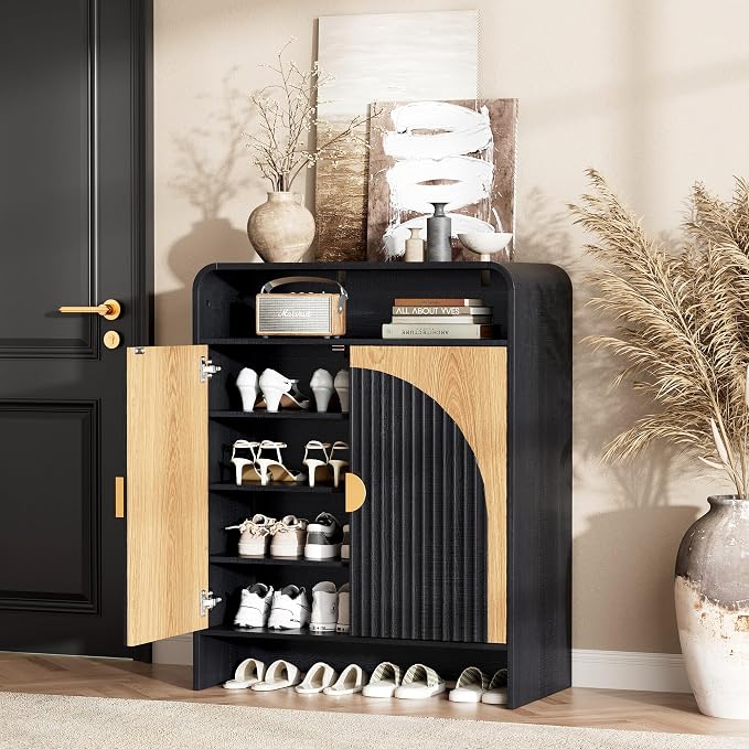 Maupvit Modern Shoe Cabinet for Entryway, Shoe Storage Cabinet with Fluted Doors, Wood Shoe Organizer with Open Shelves & Golden Handles, Freestanding Shoe Rack for Hallway, Living Room, Black
