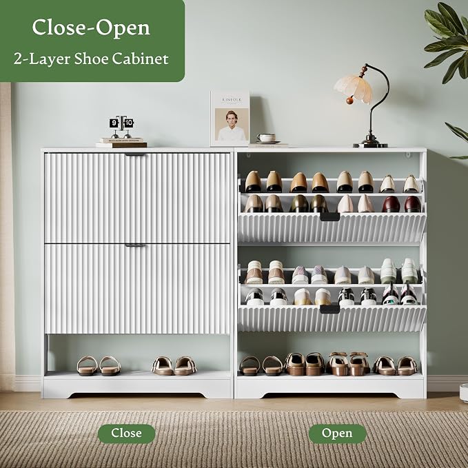 Xixini Shoe Storage Cabinet for Entryway with 2 Flip Drawers, Hidden Slim Wood Shoe Organizer with Modern Fluted Panel, Freestanding Narrow Shoe Rack for Front Door Entrance, Hallway, Foyer, White