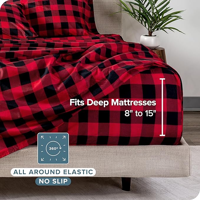 Bare Home Twin XL Sheet Set - 1800 Ultra-Soft Microfiber - Deep Pockets - Easy Fit - Extra Soft - 3 Piece Set - Bed Sheets (Twin XL, Buffalo Plaid - Red/Black)