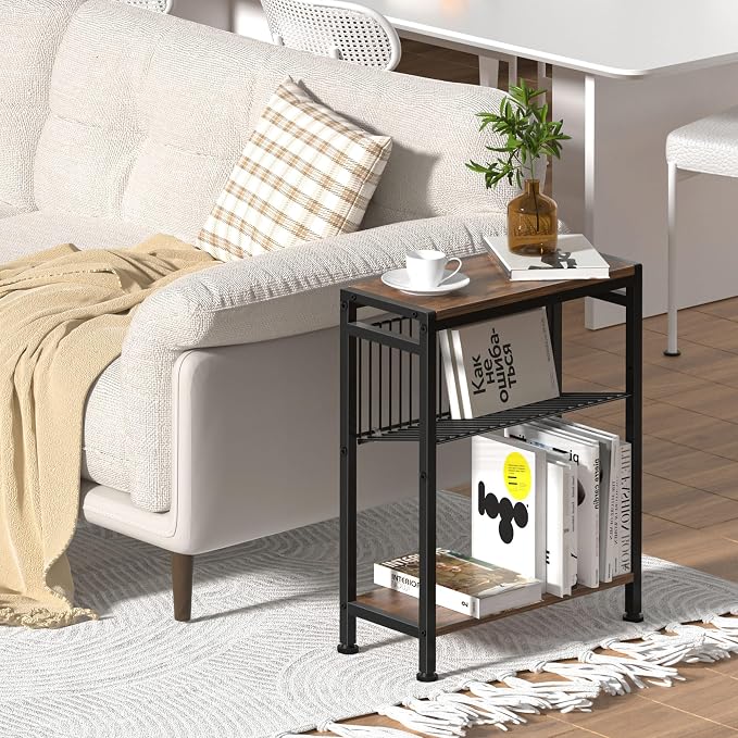 Side Table for Small Spaces, Set of 2 Narrow End Table with Magazine Holder, 2 in 1 Design Slim Side Table, Skinny Nightstand for Living Room Bedroom, Thin Side Magazine Table, Rustic Brown