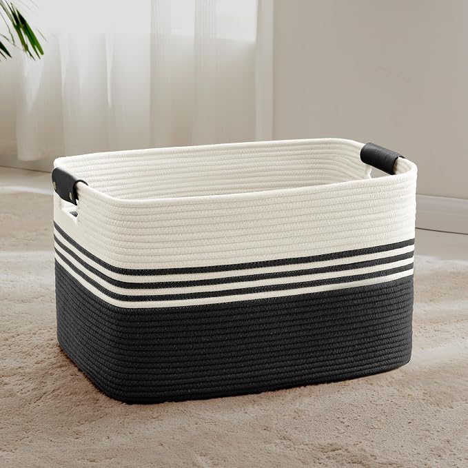 72L Large Woven Laundry Basket Hamper with Leather Handles,Black | 22"x17"x12", collapsible wicker hamper, storage for dirty clothes, toys, blankets, gifts, living room, bedroom, bathroom