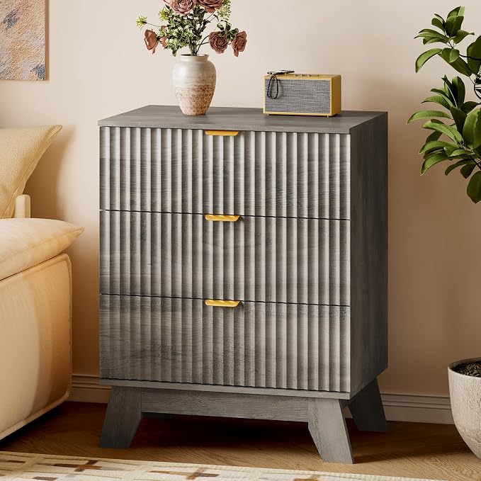 BORNOON Fluted 3 Drawer Dresser, 30.3" Tall Compact Modern Boho Chest of Drawers, Wooden Storage Cabinet for Bedroom, Living Room, Entryway, Curved Profile Design